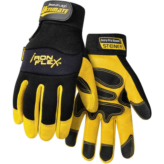 Steiner 0912 IronFlex Ultimate Grain Pigskin Leather Palm Mechanics Gloves Black/Yellow 2X-Large