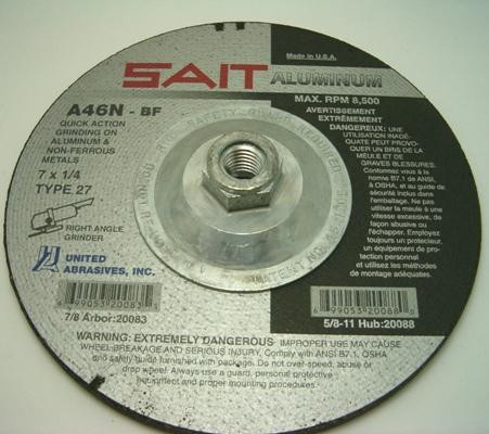 United Abrasives SAIT 20088 7x1/4x5/8-11 A46N Aluminum Grinding Wheel, Super Lock Hub, Type 27, 10 pack