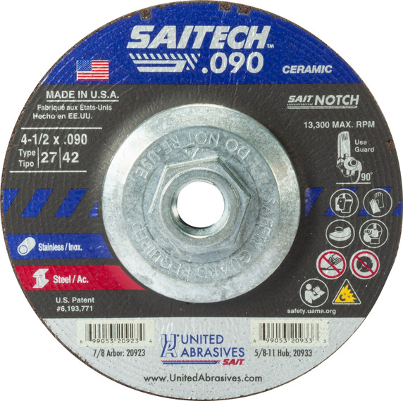 United Abrasives SAIT 20933 4-1/2x.090x5/8-11 Saitech Ultimate Performance Cutting Notching Wheels, 10 pack