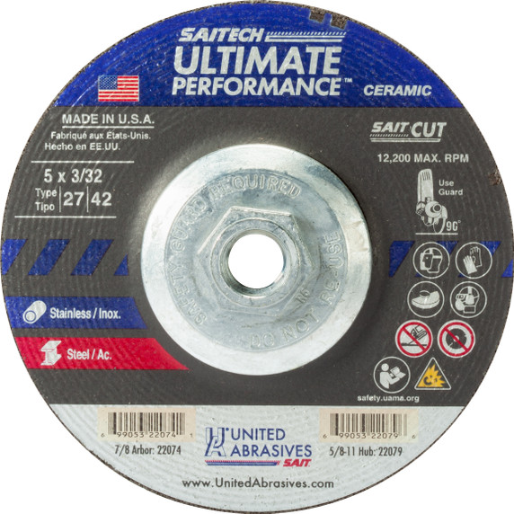 United Abrasives SAIT 22079 5x3/32x5/8-11 Saitech Ultimate Performance Super-Lock Hub Cut-off Wheels, 10 pack