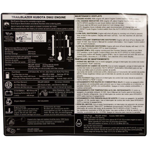 Miller 258899 Label, Engine Maint Kubota D902 Tblazer (Bilingual)