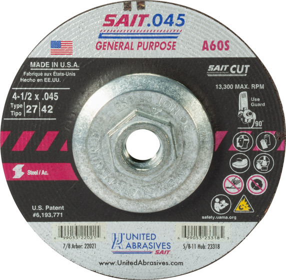 United Abrasives SAIT 23318 4-1/2x.045x5/8-11 A60S General Purpose High Speed Cut-off Wheels, 10 pack