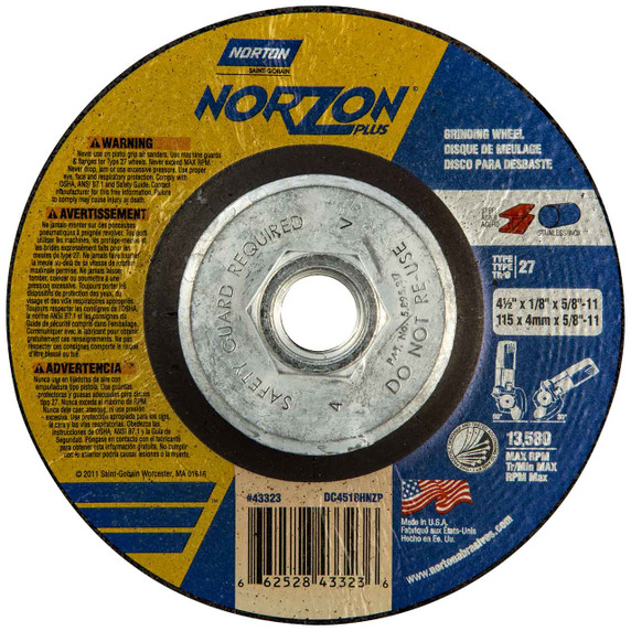 Norton 66252843323 4-1/2x1/8x5/8 - 11 In. NorZon Plus SGZ CA/ZA Grinding and Cutting Wheels, Type 27, 24 Grit, 10 pack