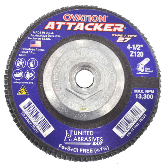 United Abrasives SAIT 76321 4-1/2x5/8-11 Ovation Attacker Type 27 Hub High Density Zirconium Flap Disc 120 Grit, 10 pack