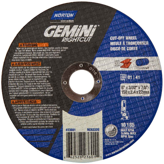 Norton 66252823601 6x3/32x7/8 In. Gemini RightCut AO Reinforced Right Angle Cut-Off Wheels, Type 01/41, 46 Grit, 25 pack