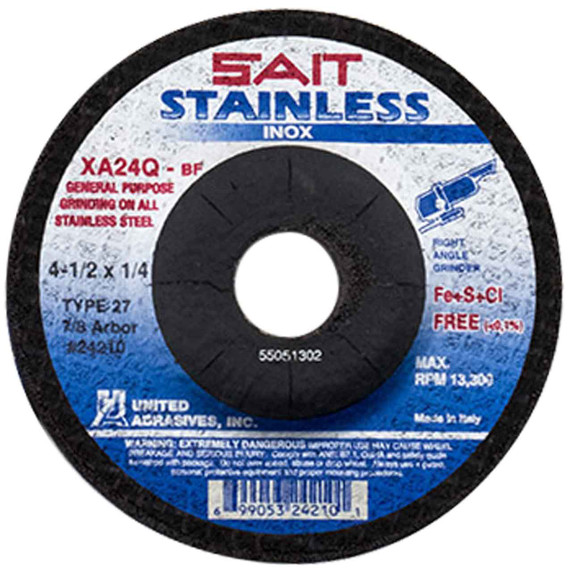 United Abrasives SAIT 24210 4-1/2x1/4x7/8 XA24Q Contaminant-Free Stainless Type 27 Grinding Wheel, 25 pack