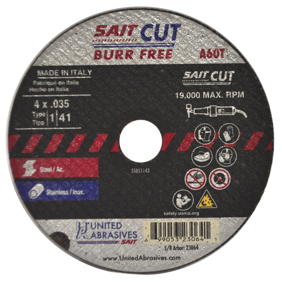 United Abrasives SAIT 23064 4x.035x5/8 A60T Burr Free Thin High Speed Cut-off Wheels, 100 pack