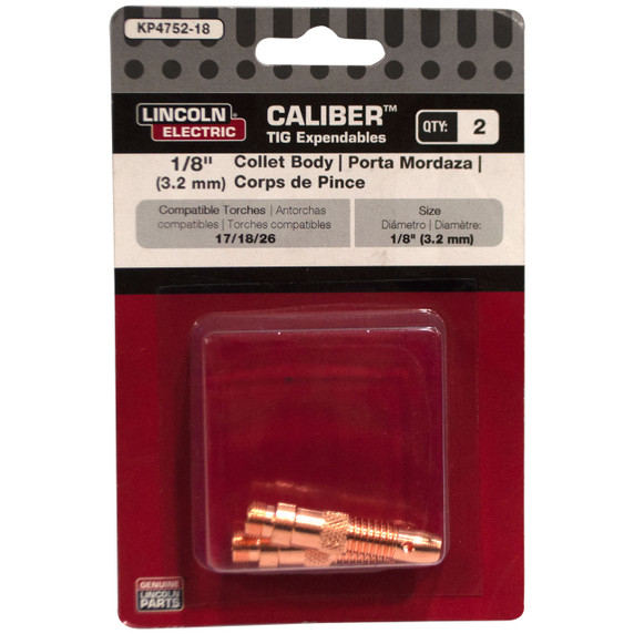 Lincoln Electric Calibur Collet Body for 17/18/26 Torches, 1/8", KP4752-18, 2 pack