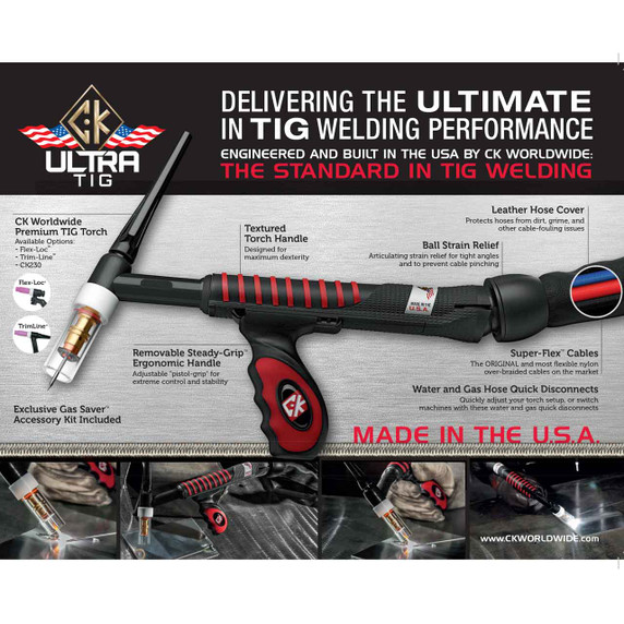 CK UltraTIG FL150 USFL2512SF Air Cooled TIG Torch Kit, Flex-Loc, 150A, 25', 1-Piece, Super-Flex