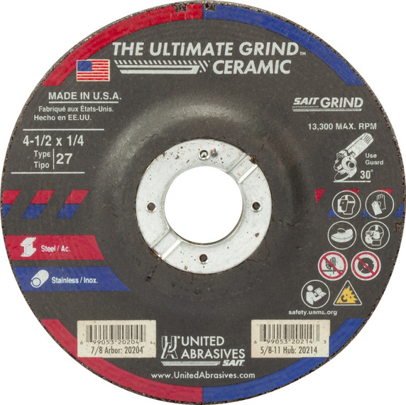 United Abrasives SAIT 20204  4-1/2x1/4x7/8 Ultimate Grind Ceramic Grinding Wheel, Depressed Center, Type 27, 25 pack