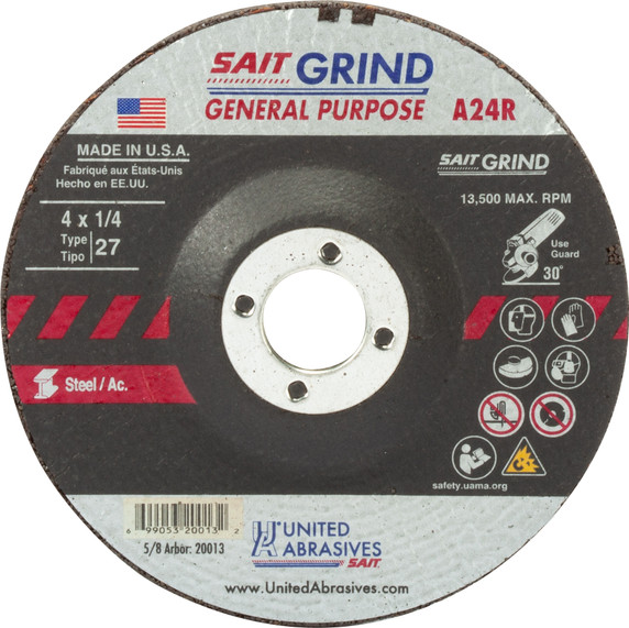 United Abrasives SAIT 20013 4x1/4x5/8 A24R Long Life No Hub Type 27 Metal Grinding Wheels, 25 pack