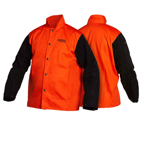 Lincoln K4690 Bright FR Orange Jacket with Leather Sleeves, Large