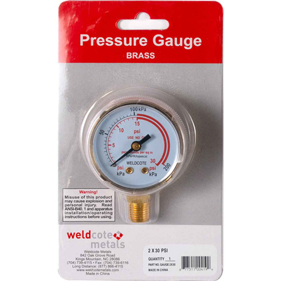 Weldcote Metals GAUGE2X30 Pressure Gauge 2" X 30 PSI, Brass