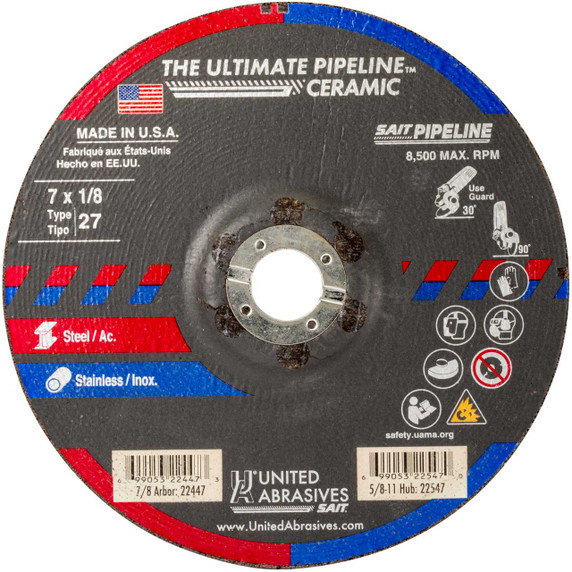 SAIT 22447 The Ultimate Pipeline™ Ceramic Type 27 Grinding Wheels 7" Diameter with 7/8" Arbor, Pack of 25