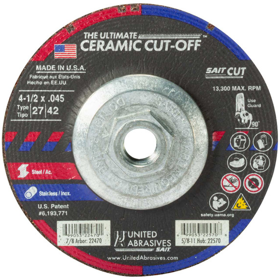SAIT 22570 The Ultimate Ceramic™ Cutting Wheels 4-1/2" Diameter with 5/8"-11 Arbor, Pack of 10