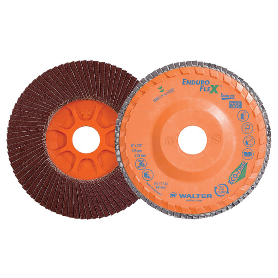 Walter 15Q512 5x7/8 Enduro-Flex Stainless Flap Discs with Eco-Trim Backing 120 Grit Type 27, 10 pack