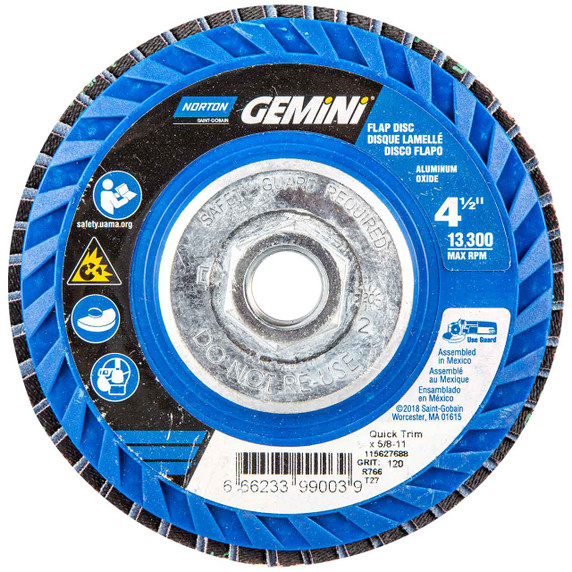 Norton 66623399003 4-1/2x5/8-11” Gemini R766 Aluminum Oxide Zirconia Alumina Type 27 Quick Trim Flap Discs, 120 Grit, 10 pack