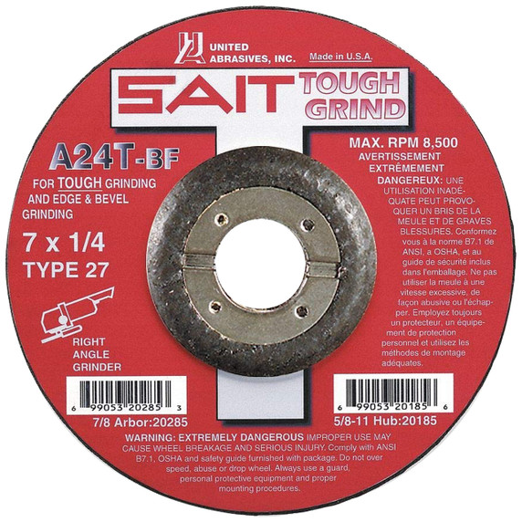 United Abrasives SAIT 20285 7x1/4x7/8 A24T Tough Grind No Hub Type 27 Grinding Wheel, 25 pack
