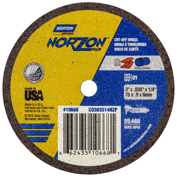 Norton 66243510668 3x.035x1/4 In. NorZon Plus 5SGZ CA/ZA Small Diameter Reinforced Cut-Off Wheels, Type 01/41, 60 Grit, 25 pack