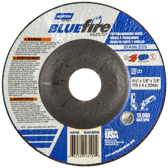 Norton 66252843190 4-1/2x1/8x7/8 In. BlueFire FastCut INOX/SS ZA/AO Grinding and Cutting Wheels, Type 27, 30 Grit, 25 pack