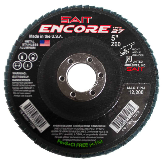 United Abrasives SAIT 71228 5x7/8 Encore Type 27 General Purpose No Hub Zirconium Flap Discs 60 Grit, 10 pack