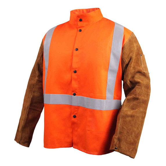 Black Stallion JH1012-OR Cotton/Cowhide Welding Jacket with Pass-Through, 30" 9 oz, Orange, Medium