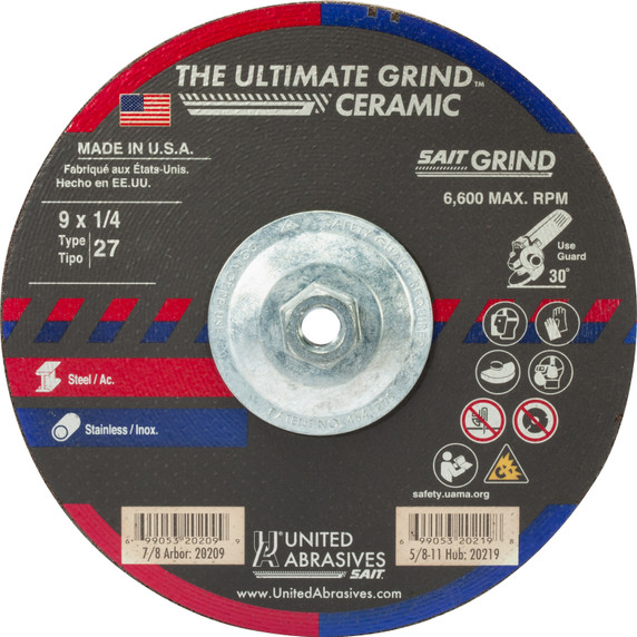 United Abrasives SAIT 20219 9x1/4x5/8-11 Ultimate Grind Ceramic Grinding Wheel, Depressed Center, Type 27, 10 pack