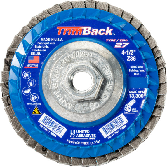 United Abrasives SAIT 70960 4-1/2x5/8-11 Trimback Type 27 Super Lock Hub Zirconium Flap Disc 36 Grit, 10 pack