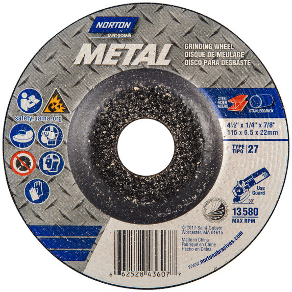 Norton 66252843607 4-1/2x1/4x7/8 In. Metal AO Grinding Wheels, Type 27, 24 Grit, 25 pack