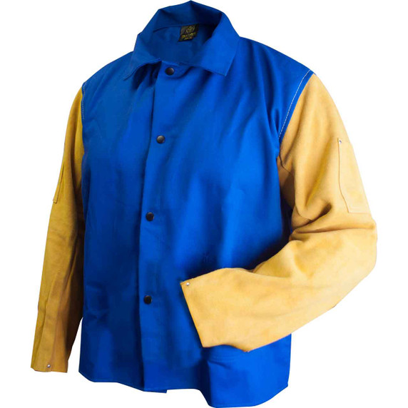 Tillman 9230 36" 9 oz. Blue FR Cotton/Leather Welding Jacket, 4X-Large