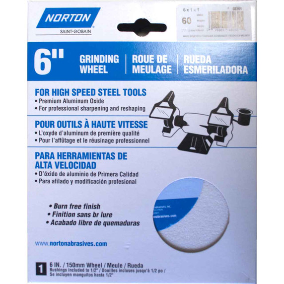 Norton 7660788261 6x1x1 In. Premium Bench and Pedestal Wheels, White Aluminum Oxide, Type 01, 60 Grit, Medium