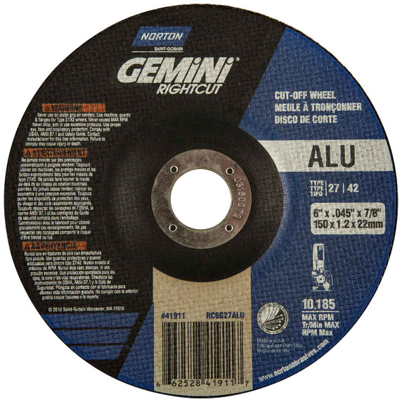 Norton 66252841911 6x.045x7/8 In. Gemini RightCut ALU AO Right Angle Cut-Off Wheels, Type 27/42, 24 Grit, 25 pack