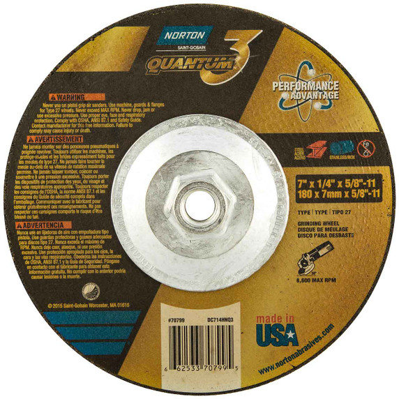 Norton 66253370799 7x1/4x5/8 - 11In. Quantum3 SG CA Grinding Wheels, Type 27, 20 Grit, 10 pack