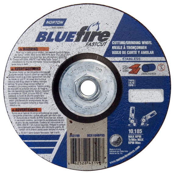 Norton 66252843199 6x1/8x5/8 - 11 In. BlueFire FastCut INOX/SS ZA/AO Grinding and Cutting Wheels, Type 27, 30 Grit, 10 pack