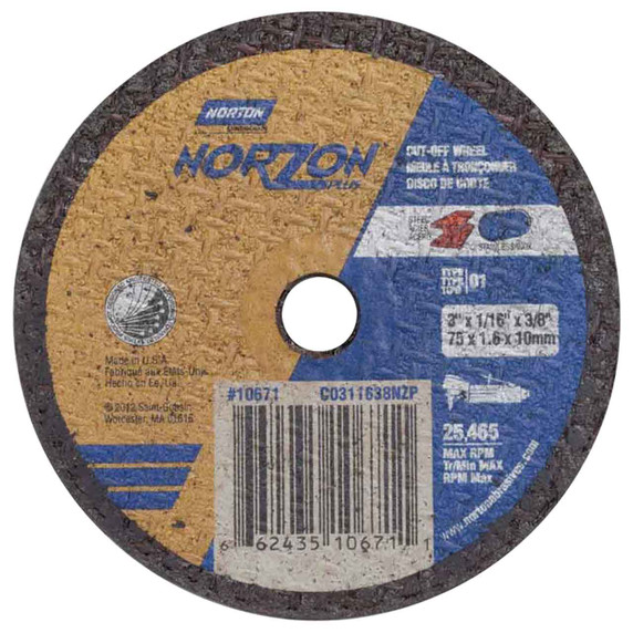 Norton 66243510671 3x1/16x3/8 In. NorZon Plus 5SGZ CA/ZA Small Diameter Reinforced Cut-Off Wheels, Type 01/41, 36 Grit, 25 pack