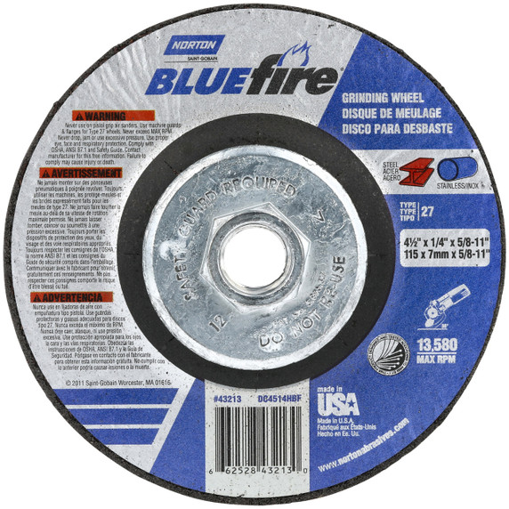 Norton 66252843213 4-1/2x1/4x5/8 - 11 In. BlueFire ZA/AO Grinding Wheels, Type 27, 24 Grit, 10 pack