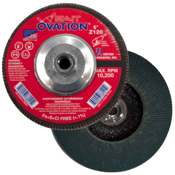 United Abrasives SAIT 78141 6x5/8-11 Ovation Type 27 With Hub High Density Zirconium Flap Discs 120 Grit, 10 pack