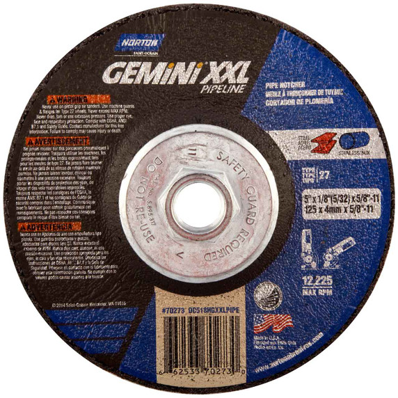 Norton 66253370273 5x1/8x5/8 - 11 In. Gemini XXL Pipeline AO Depressed Center Wheels, Type 27, 30 Grit, 10 pack