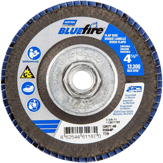 Norton 66254461167 4-1/2x5/8-11” BlueFire R884P Zirconia Alumina Plus Type 29 Flap Discs, 40 Grit, Coarse, 10 pack