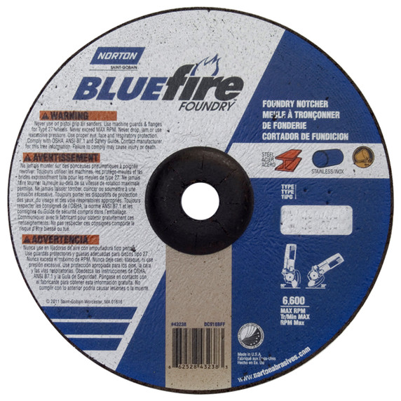 Norton 66252843238 9x1/8x7/8 In. BlueFire ZA/SC Foundry Cutting and Light Grinding Wheels, Type 27, 24 Grit, 20 pack