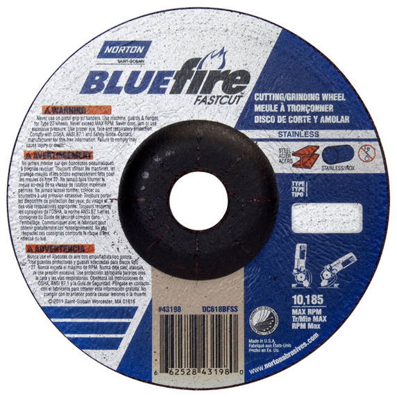 Norton 66252843198 6x1/8x7/8 In. BlueFire FastCut INOX/SS ZA/AO Grinding and Cutting Wheels, Type 27, 30 Grit, 20 pack