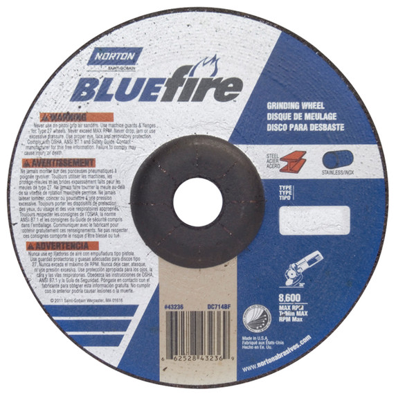 Norton 66252843236 7x1/4x7/8 In. BlueFire ZA/AO Grinding Wheels, Type 27, 24 Grit, 20 pack