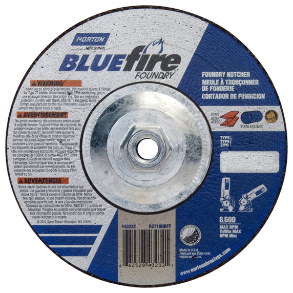 Norton 66252843232 7x1/8x5/8 - 11 In. BlueFire ZA/SC Foundry Cutting and Light Grinding Wheels, Type 27, 24 Grit, 10 pack