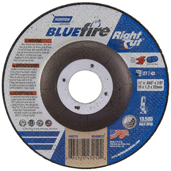 Norton 66252843219 4-1/2x1/16x7/8 In. BlueFire RightCut ZA/AO Right Angle Cut-Off Wheels, Type 27/42, 24 Grit, 25 pack