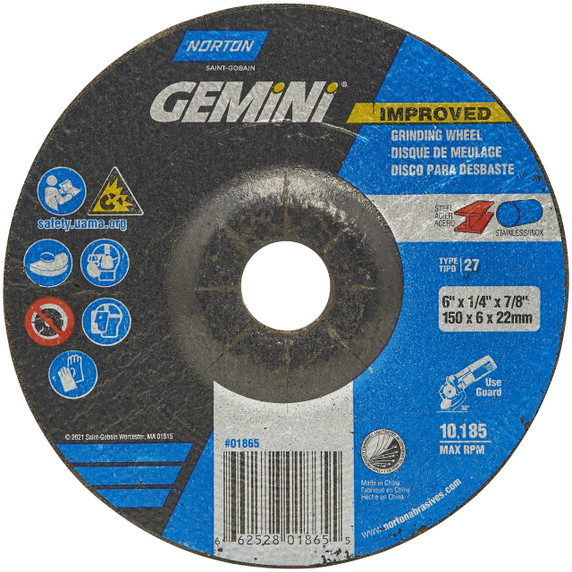 Norton 66252801865 6x1/4x7/8 In. Gemini AO Grinding Wheels, Type 27, 24 Grit, 20 pack