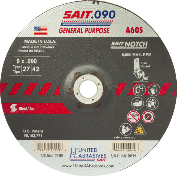 United Abrasives SAIT 20909 9x.090x7/8 A60S General Purpose Cutting Notching Wheels, 25 pack
