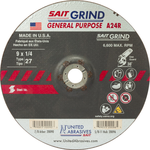 United Abrasives SAIT 20090 9x1/4x7/8 A24R Long Life No Hub Type 27 Metal Grinding Wheels, 25 pack