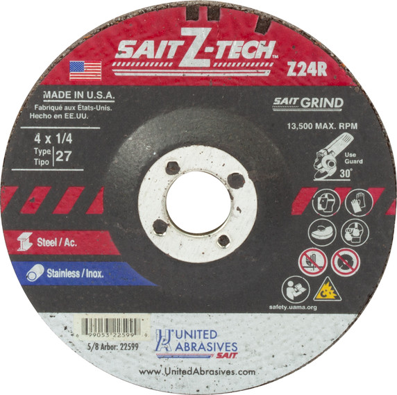 United Abrasives SAIT 22599 4x1/4x5/8 Z-TECH Z24R High Performance No Hub Type 27 Zirconium Grinding Wheels, 25 pack