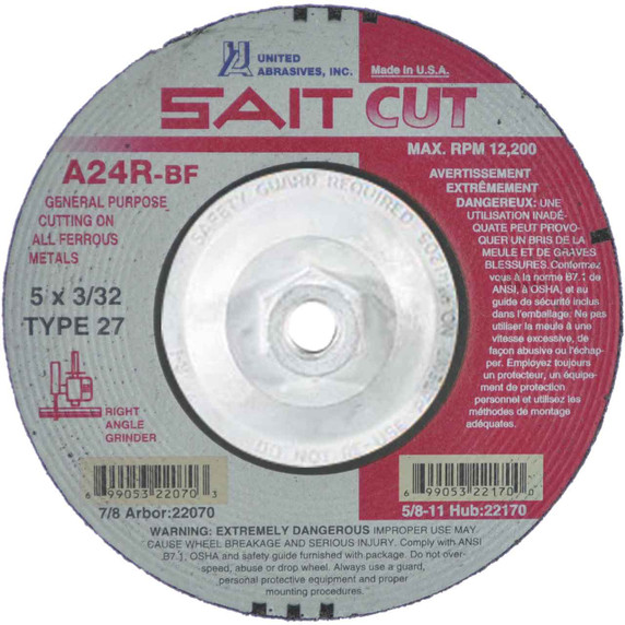 United Abrasives SAIT 22170 5x3/32x5/8-11 A24R General Purpose Cut-off Wheels, 10 pack