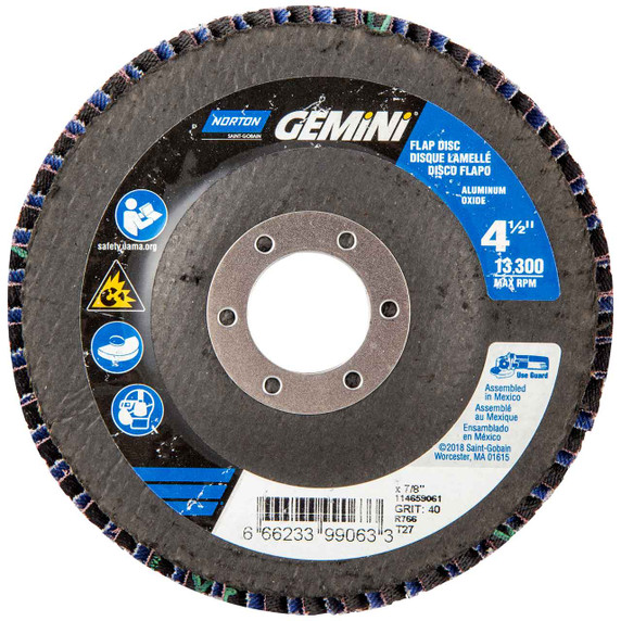 Norton 66623399063 4-1/2x7/8” Gemini R766 Aluminum Oxide Zirconia Alumina Type 27 Fiberglass Flap Discs, 40 Grit, 10 pack